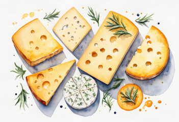 watercolor illustration Sortiment of cheese seen from above, Generative AI Illustration