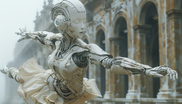 A futuristic robot ballerina in a graceful pose.
