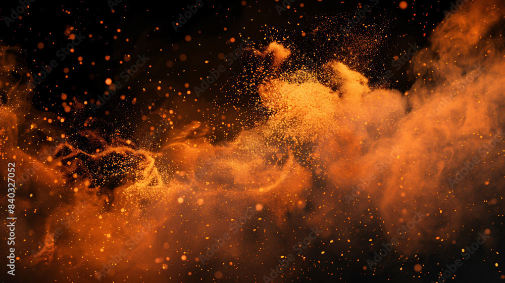 Poster Explosive burst of orange and yellow dust particles creating a dynamic contrast against a dark background