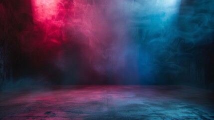 Empty space of Studio dark room with fog or mist and lighting effect red and blue on concrete floor grunge texture background.