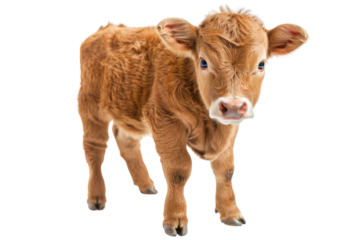 Adorable brown calf standing isolated on transparent background.
