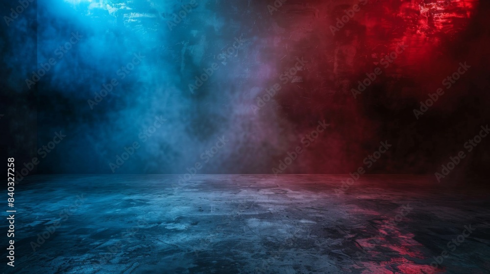 Aufkleber Empty space of Studio dark room with fog or mist and lighting effect red and blue on concrete floor grunge texture background.