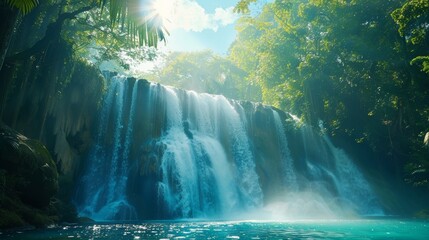 Majestic waterfall surrounded by vibrant foliage, summer vacation.