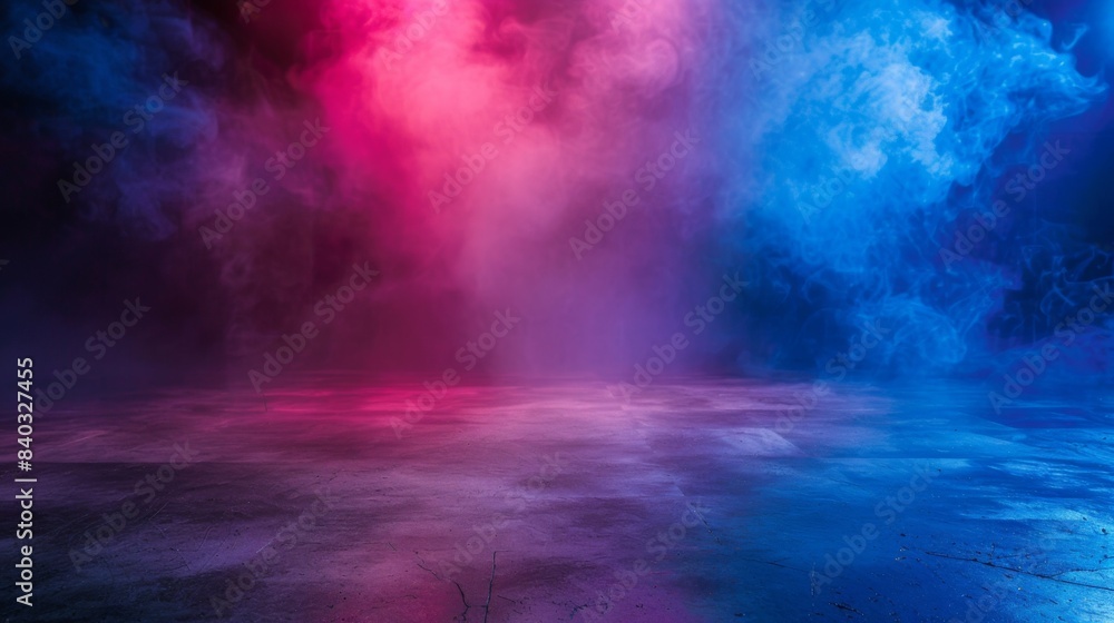Aufkleber empty space of studio dark room with fog or mist and lighting effect red and blue on concrete floor 