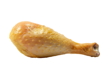 Close-up of a baked chicken drumstick on a white background, highlighting its golden-brown crispy skin. Perfect for food-related content.