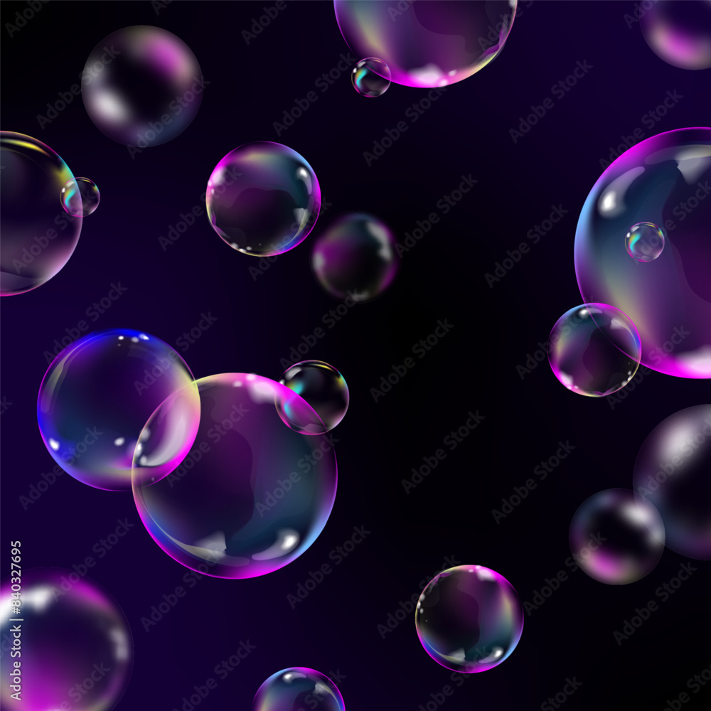 Poster realistic glowing transparent bubbles background with blur effect on a dark background. trendy flyin