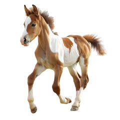Obraz premium Cute brown and white foal galloping joyfully. Perfect for nature, animal, and farm-related concepts and themes.