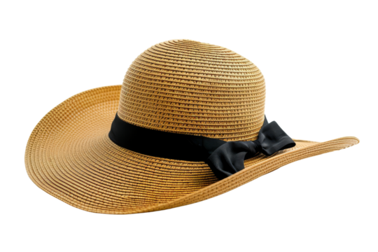 Elegant straw sun hat with black ribbon. Perfect for beach, summer outings, and stylish outdoor fashion. Isolated on white background.