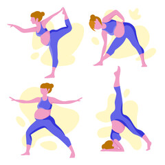Happy Pregnant women doing sports exercises for health set.Yoga for pregnant women.Active and healthy young expectant mothers.Healthy pregnancy concept.Vector illustration