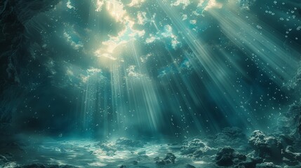 A surreal underwater landscape with floating particles and beams of light
