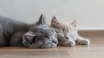Two kittens, one gray and one white, are sleeping peacefully on a wooden floor. The gray kitten is on its side, while the white kitten is curled up on its stomach