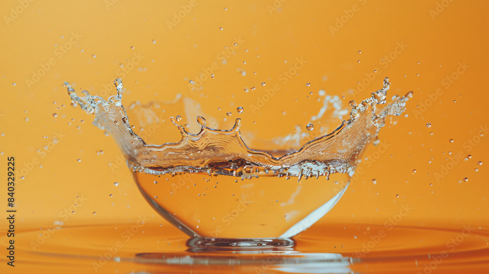 Poster dynamic water splash with droplets on an orange backdrop