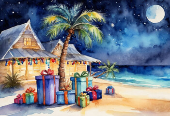 Obraz premium watercolor illustration Palm tree in Christmas decoration with presents on exotic beach at night