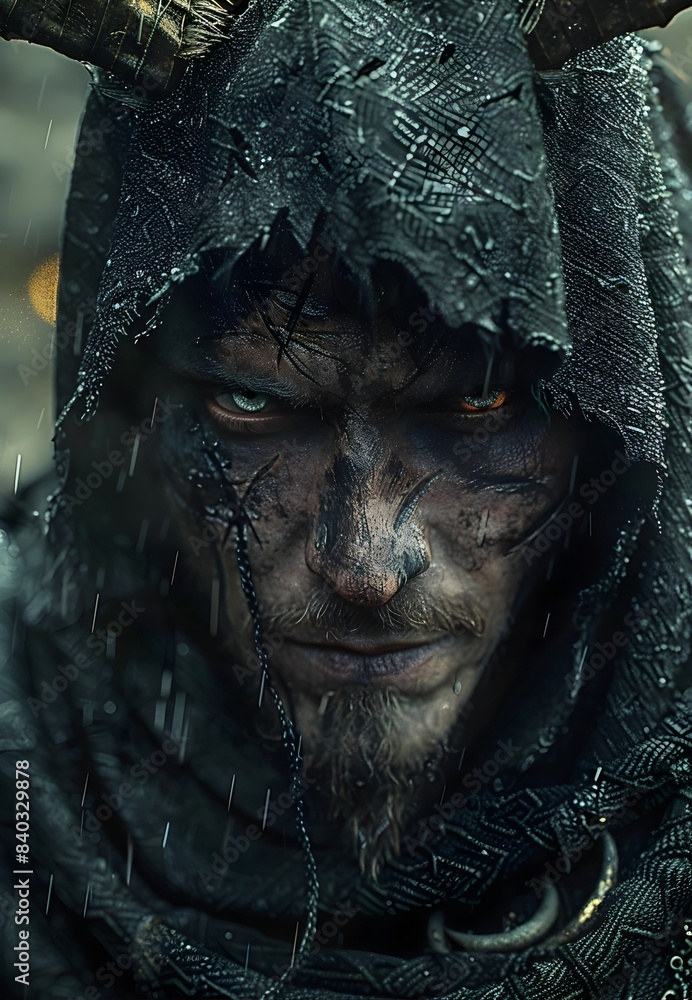 Poster Brooding Necromancer Under Ominous Thunderstorm - Gritty Fantasy Portrait