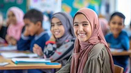 A classroom with students from diverse backgrounds engaging in a cultural exchange program