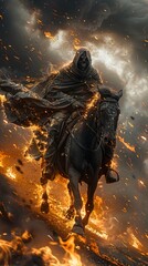 Cloaked Reaper Mounted on Fiery Horse Galloping Across Blasted Landscape in Cinematic Style