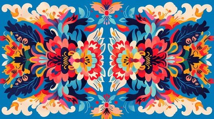 Fototapeta premium Retro colorful flowers and clouds pattern illustration poster background
