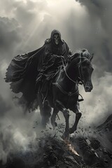 Naklejka premium Cloaked Specter of Mortality Atop Galloping Horse of Living Flame in Blasted Monochrome Landscape