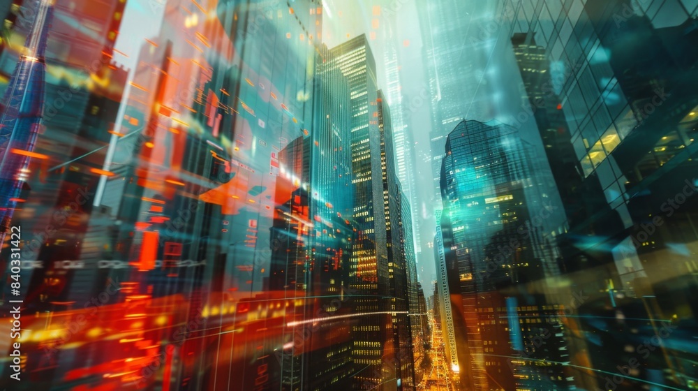 Poster forex graph on city view with skyscrapers background multi exposure. financial analysis concept