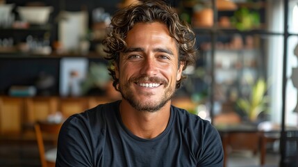 Fototapeta premium positive bearded man with moustache standing in black t shirt smiling and looking at camera.stock photo