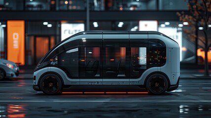 Futuristic autonomous vehicle on a city street at night, showcasing innovative design and advanced technology for modern urban transportation.