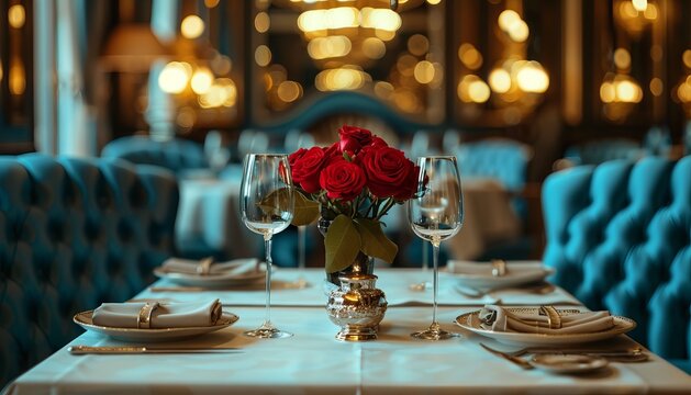 Elegant restaurant table setting with roses, crystal glasses, and candlelight atmosphere, ideal for romantic dinners or special occasions.