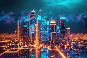 Obraz premium Futuristic cityscape with neon lights and modern skyscrapers under a colorful sky. Conceptual digital illustration of a smart city at night.