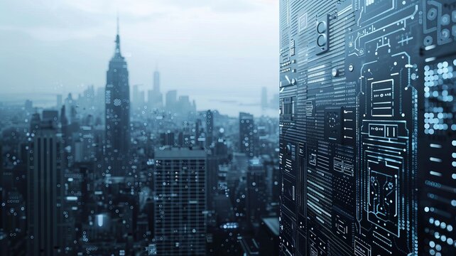 Futuristic cityscape with digital technology overlay, showcasing the intersection of modern architecture and tech advancements.