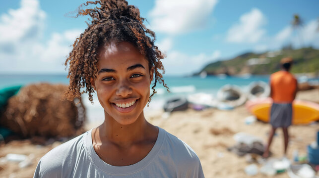 Biracial Teenager Participating in a Beach Cleanup Event