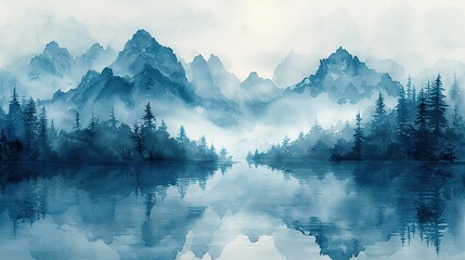 ethereal watercolor landscapes mystical mountains and serene wilderness in cool tones for artistic designs.stock photo