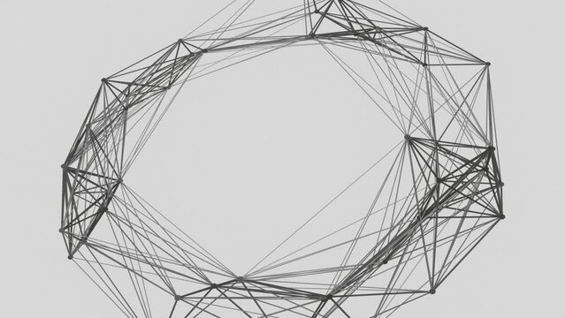 Connected black lines and dots forming a circular geometric structure and moving in a repeatable looping motion. 3D rendering as loopable animation for video backgrounds and backdrops