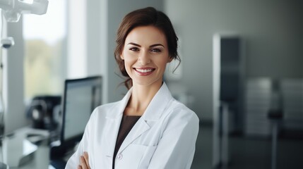 A young female dentist with a warm smile and gentle eyes, 