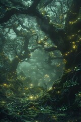 Enchanting Fairytale Forest with Glowing Mushrooms,Dancing Fireflies,and Charcoal Sketch Aesthetic