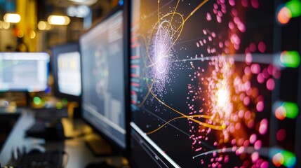 A close-up of a high-energy particle collision experiment displayed on a computer monitor