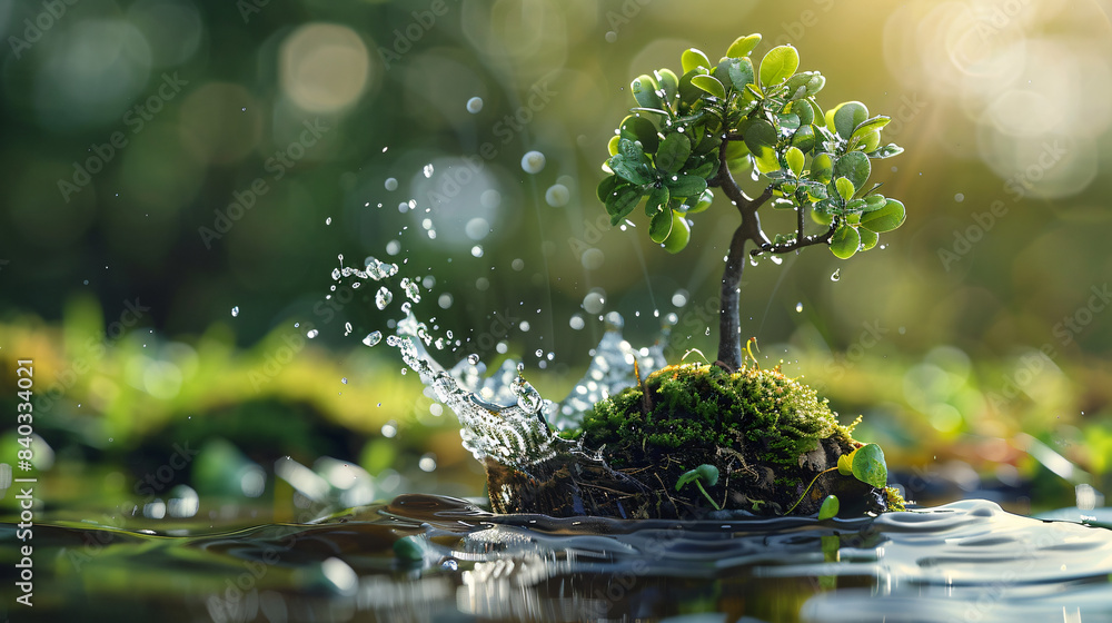 Poster Sunlit water droplets splashing around a small bonsai tree in close-up