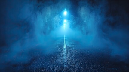Fototapeta premium there are rays spotlights and an empty dark scene lit with blue light there is a smokey asphalt street with a blue color.stock illustration