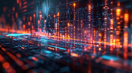 a mesmerizing fintech journey high tech neon blue bars and graphs illuminate financial aspects on an enigmatic black background.stock photo