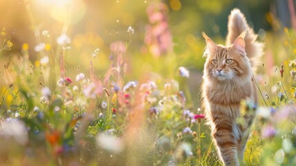 A ginger cat walks through a meadow of wildflowers on a sunny day. The cat is in focus, and the background is blurred. - Powered by Adobe