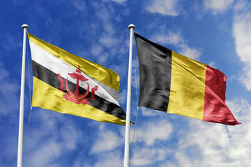 3d illustration. Brunei and Belgium Flag waving in sky. High detailed waving flag. 3D render. Waving in sky. Flags fluttered in the cloudy sky.