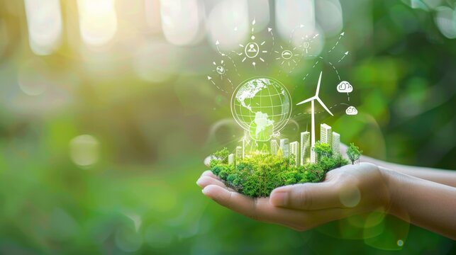 Hand hold green city with ecological icons, Save earth concept