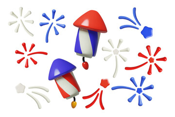3d fireworks and firecrackers blue, red and white elements collection. Three dimensional abstract vector decorations set.
