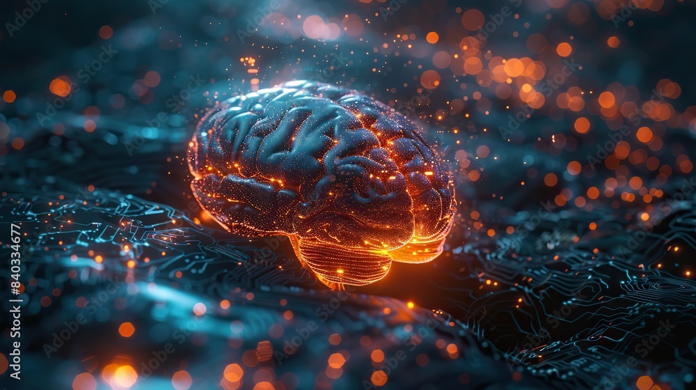 Poster uxui development concept graphic of a futuristic brain with user experience design and user interfac
