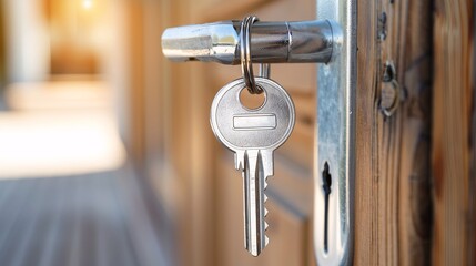 A close-up shot of a key being inserted into the lock of a front door, symbolizing the moment of officially moving into a new home and starting a new chapter