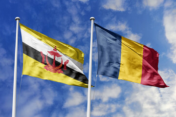 3d illustration. Brunei and Chad Flag waving in sky. High detailed waving flag. 3D render. Waving in sky. Flags fluttered in the cloudy sky.