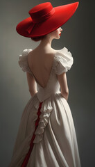 Noble woman in white dress standing back with red hat and red lipstick