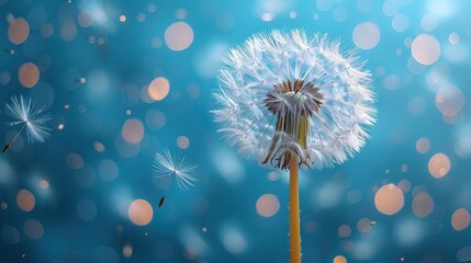 a macro dandelion with blue background this is an expression of freedom to wish goodbye summer hope and dreams concept fragility springtime soft focus macro nature image.stock photo