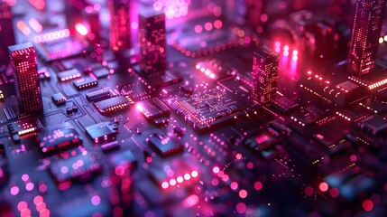 Futuristic Neural Network Analysis and Data Visualization in Abstract Neon-Lit Cityscape