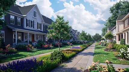Fototapeta premium A photorealistic image of a charming suburban neighborhood with rows of neatly manicured lawns, colorful flower beds, and welcoming front porches, perfect for families and young professionals