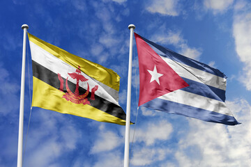 3d illustration. Brunei and Cuba Flag waving in sky. High detailed waving flag. 3D render. Waving in sky. Flags fluttered in the cloudy sky.