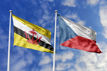 3d illustration. Brunei and Czech Republic Flag waving in sky. High detailed waving flag. 3D render. Waving in sky. Flags fluttered in the cloudy sky.